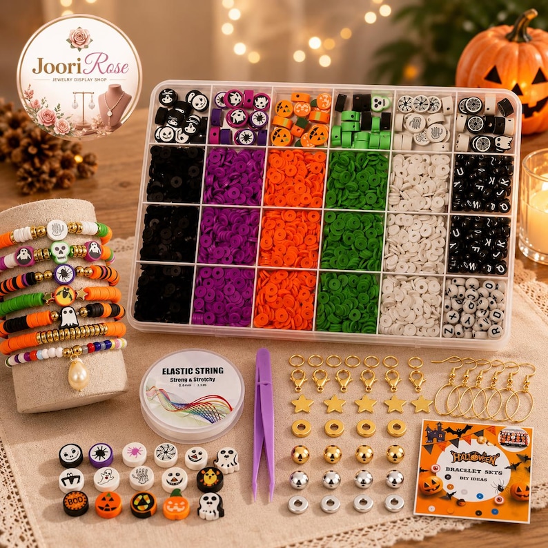 May include: A Halloween-themed jewelry making kit featuring a clear plastic organizer box filled with colorful clay disc beads, alphabet beads, and holiday-themed charms. Includes elastic string, purple tweezers, gold-tone earring hooks, and spacers.