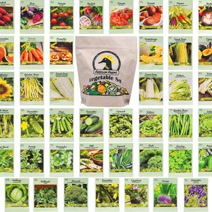 Op de afbeelding: Een grote beige zak met het label Freedom Farms Vegetable Set en een eendenlogo, omringd door veertig individuele zaadzakjes met diverse groenten zoals tomaten, wortels, ma&iuml;s, sla en kruiden, elk voorzien van de merknaam Valley Greene.