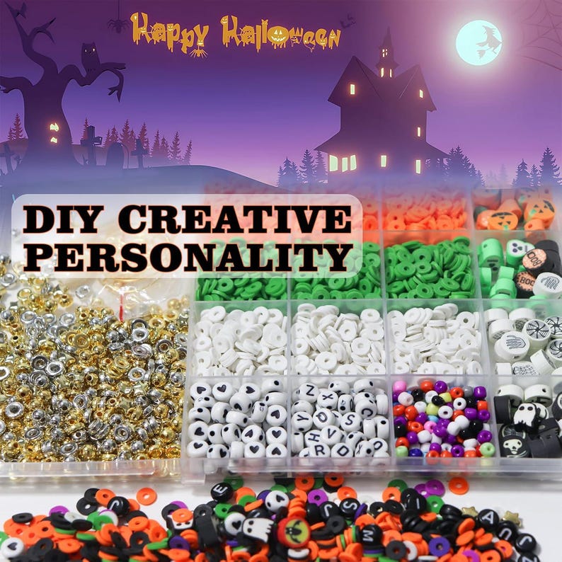 May include: A clear plastic organizer box filled with assorted colorful clay beads, including gold and silver metallic discs, white alphabet beads, and Halloween-themed shapes like pumpkins and ghosts. The text DIY CREATIVE PERSONALITY is visible.
