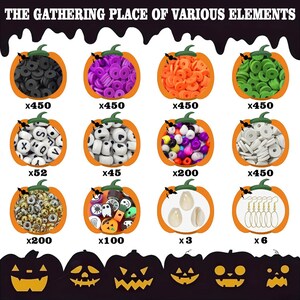 May include: A collection of craft beads and jewelry findings organized in twelve pumpkin-shaped containers. The set includes black, purple, orange, green, and white clay discs, letter beads, heart beads, metallic beads, and six gold earring hooks.