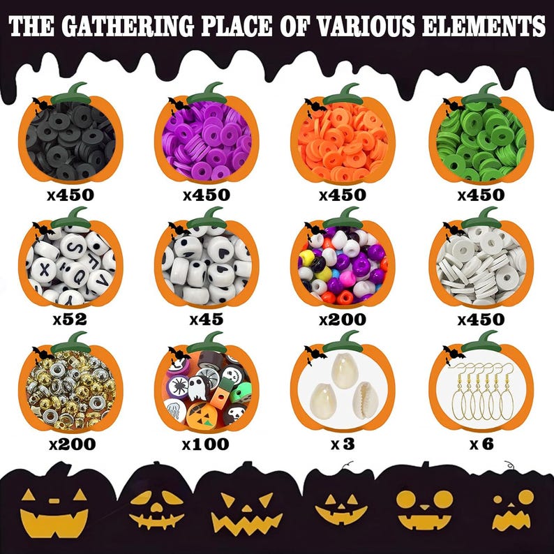 May include: A collection of craft beads and jewelry findings organized in twelve pumpkin-shaped containers. The set includes black, purple, orange, green, and white clay discs, letter beads, heart beads, metallic beads, and six gold earring hooks.