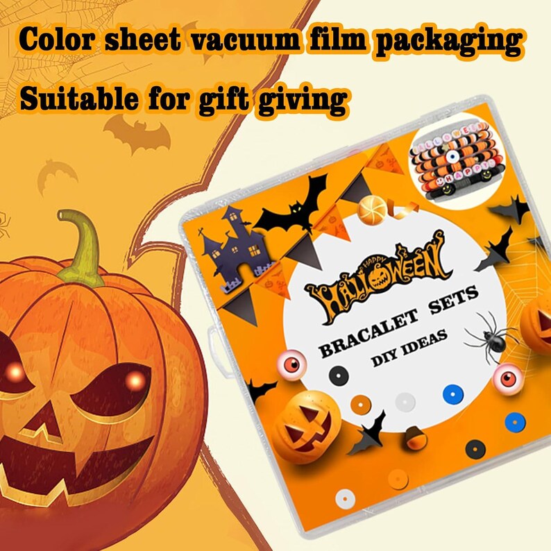 May include: A square clear plastic container featuring orange and black Halloween-themed graphics, including a pumpkin, bats, and a spider. The label displays the text "HAPPY HALLOWEEN BRACALET SETS DIY IDEAS" and shows a small image of beaded bracelets.