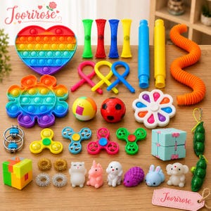 May include: A collection of colorful sensory fidget toys including a rainbow heart and flower pop-it, various spinners, mesh tubes, stretchy noodles, small animal squishies, a soccer ball, a cube puzzle, and a green pea pod keychain.