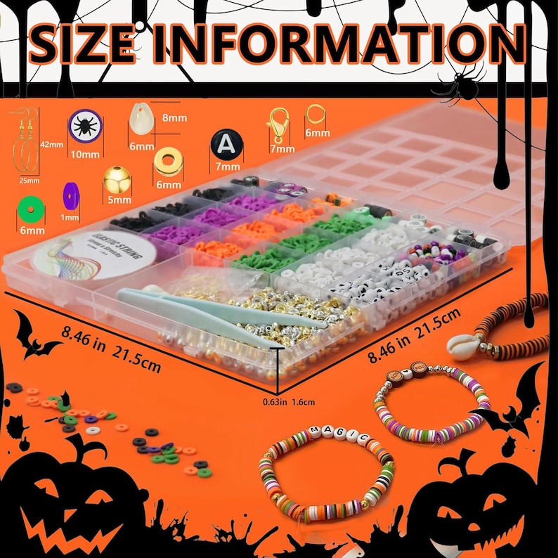 May include: A clear plastic organizer box filled with assorted colorful clay beads, letter beads, and jewelry findings. The set includes a spool of elastic string, tweezers, and finished bracelets. Dimensions are 8.46 inches by 8.46 inches by 0.63 inches.