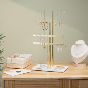 pickpiff Jewelry Stand Organizer, 14.5" Tall Sturdy Metal, 3-Tier Jewelry Holder for Necklace, Earring, Bracelet, Ring, Hanger for Display