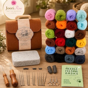 May include: A needle felting kit featuring a brown felt carrying case with a sheep illustration, a rectangular gray foam pad, numerous colorful wool roving rolls, wooden-handled needles, finger guards, metal keychains, and an instruction booklet.