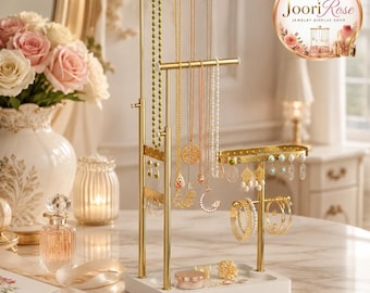 Modern Wood & Metal Jewelry Organizer Stand, Adjustable Tree Design