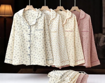 Floral Muslin Cotton Pajamas Set for Women – Thin Double Gauze Summer Lounge Set with Lapel, Long Sleeve Spring Homewear M-XL