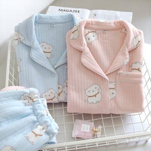 Air Cotton Pajamas Set for Women – Quilted 3-Layer Thick Cute Cartoon Loungewear, Cozy Winter Sleepwear, Outdoor Homewear Suit