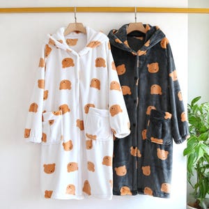 Cozy Flannel Bear Robe for Women – Thick Warm Winter Nightgown, Soft Long Cartoon Pajamas, Cute Printed Sleepwear, Loungewear Gift
