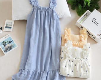 Cotton Nightdress for Women – Soft Sleeveless Summer Loungewear Dress, Loose Midi Sleepwear Gown, Cute Sling Pajama, M-XL, Gift for Her