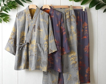 Gauze Cotton Kimono Pajama Set Men’s | Soft Breathable Cotton Sleepwear | Japanese Style Loungewear for Autumn & Home Comfort