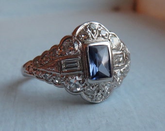 Antique Deco Palladium Sapphire & Diamond Ring .75 TCW