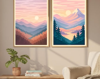 Stampa di paesaggio autunnale della foresta / Arte murale retrò della natura / Poster di decorazioni autunnali / Illustrazione minimalista della foresta