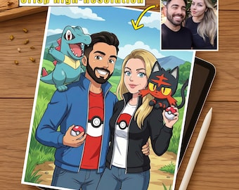 Ritratto personalizzato di un allenatore di mostri in stile anime – Illustrazione personalizzata di un allenatore di mostri / Regalo per giocatori