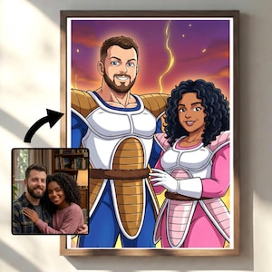 May include: A framed cartoon portrait of a couple in anime-style armour. The man wears blue and white armour with a brown accent, while the woman wears pink armour. The background features a sunset with lightning.