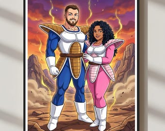 Ritratto anime personalizzato – Stile ispirato ai Saiyan / Regalo personalizzato per coppie anime