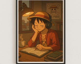 Stampa fan art di Luffy One Piece, poster anime vintage, decorazione da parete con download digitale
