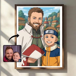 May include: A framed digital illustration depicting an adult and a child in an anime style. The adult wears a white cloak over a green jacket, while the child wears a blue and orange jacket with a blue headband featuring a spiral symbol.
