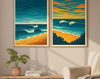 Set di 2 stampe artistiche da parete costiere / Decorazioni da spiaggia con tramonto sull'oceano / Poster retrò con onde da surf / Download digitale
