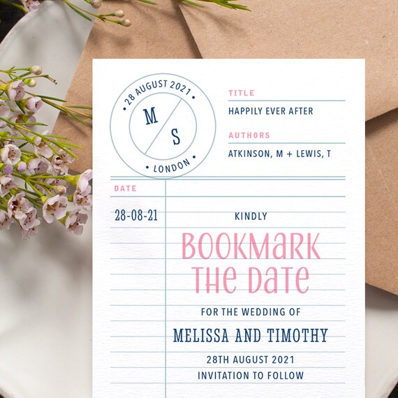 library card save the date bookmark the date storybook wedding love story with custom dates custom colours available one sample library card save the date