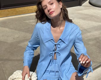 Romantic Blue Linen Set – 2 Piece Summer Outfit with Tie Blouse and Ruffle Shorts | Gift Ready Look