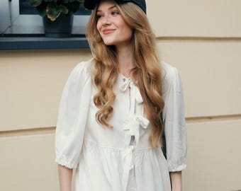 White Peasant Blouse – Cotton Voile Tie Front Top with Peplum | Vintage-Inspired Nightgown Blouse for Women | Cottagecore Romantic Shirt