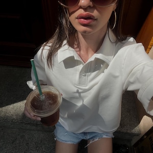 NEW Off-White Cotton Polo Shirt for Women | Cream Knit Summer Top with Floral Buttons