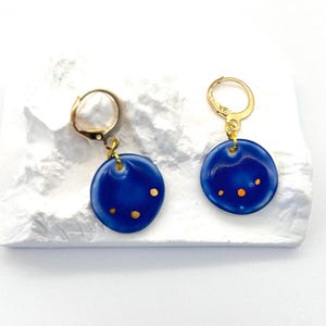 Handmade Earrings,Cute Face Earrings,Handmade Ceramic Jewelry,Blue & Gold Minimal Hoops, Gold painted porcelain earrings