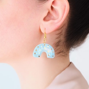Light Blue Ceramic Rainbow Earrings,Handmade Clay Jewelry ,Gold Dot Statement Earrings,Unique Handmade Porcelain Jewelry,Handmade Gift