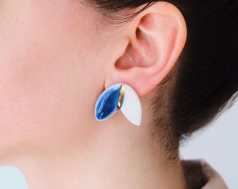 Blue and White Modern Ceramic Studs – Minimalist Artistic Statement Jewelry , Handmade Porcelain Earrings