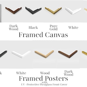 various framed canvas options, including gallery canvases, framed posters, and framed posters, each with different wood and gold finishes.