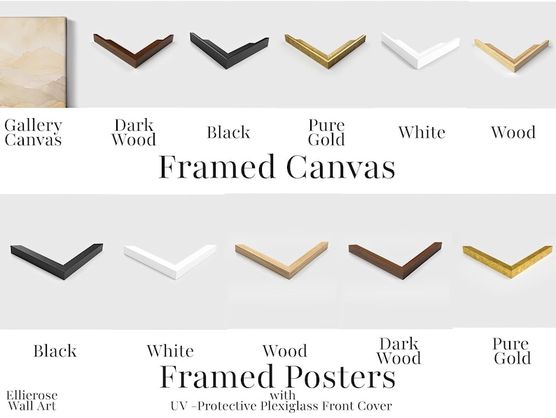 various framed canvas options, including gallery canvases, framed posters, and framed posters, each with different wood and gold finishes.