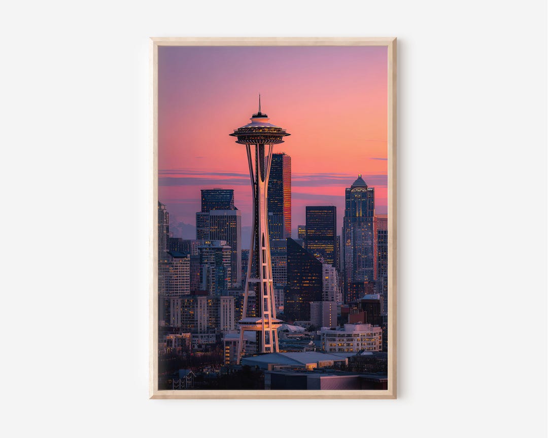 Seattle Space Needle Sunset Print | Modern Cityscape Wall Art - Etsy