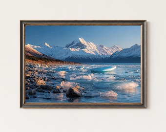Muurkunst Lake Pukaki | Nieuw-Zeelandse gletsjerprint | Landschapsdecor Mount Cook