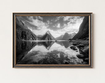Milford Sound Black and White Photography Print, New Zealand Landscape Wall Art Decor