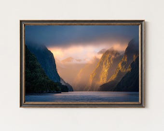 Doubtful Sound Sunrise Wall Art – New Zealand Fjord Print – Misty Mountain Landscape Decor
