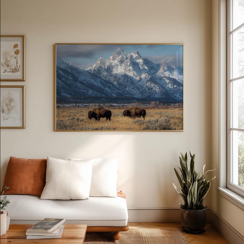 Grand Teton Bison Wyoming Snowy Mountain Landscape Wall Art Print - Etsy