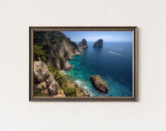 Impressão das Rochas Faraglioni de Capri, Itália, Arte de Parede Costeira Mediterrânea