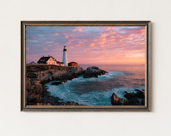 Portland Head Light Sunrise Print, Maine Lighthouse Wall Art, Coastal Ocean Decor