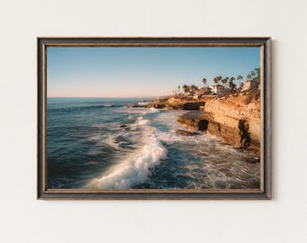 Grafika z klifami o zachodzie słońca w San Diego, sztuka ścienna z motywem wybrzeża, fotografia krajobrazu oceanu w Kalifornii
