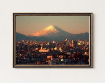 Impresión del atardecer en el monte Fuji / Arte mural de paisaje urbano japonés / Fotografía artística de la hora dorada