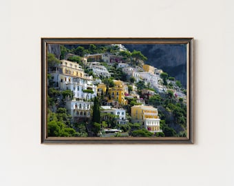 Mediterranean Cliffside Village Art Print, Coastal Houses Decor