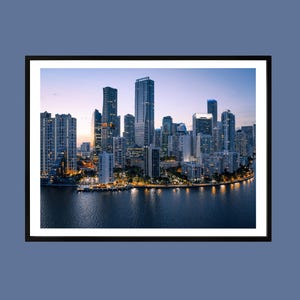 Miami Skyline Wall Art, Cityscape Print at Sunset, Modern Urban Decor, Waterfront Night Lights, Large Framed Print for Living Room