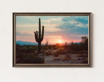 Saguaro Desert Sunset Wall Art, Arizona Landscape Print, Southwest Cactus Photo Decor