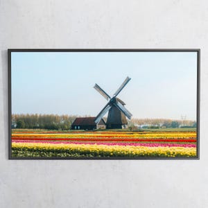 Holländische Windmühle Wandkunst, Tulpenfeld Landschaftsdruck, Niederlande Frühling Landschaft Dekor, Blumen Natur Leinwand für Wohnzimmer