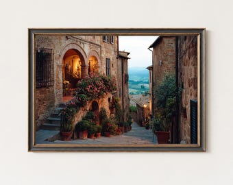 トスカーナ中世の街並みのプリント、イタリア・ピエンツァの村のファインアート写真の壁画