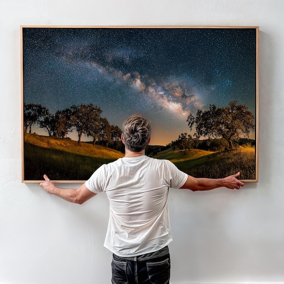 Milky Way Landscape Print – Night Sky Over Rolling Hills and Oak