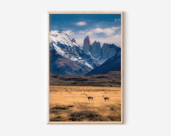 Torres del Paine Wall Art | Patagonia Landscape Print | Guanaco Wildlife Mountain Art