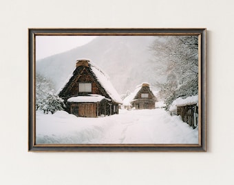 白川郷　合掌造り　雪景色　絵画 白川郷の冬の里 壁画 – 雪景色の合掌造りの山の風景 | 日本の冬の